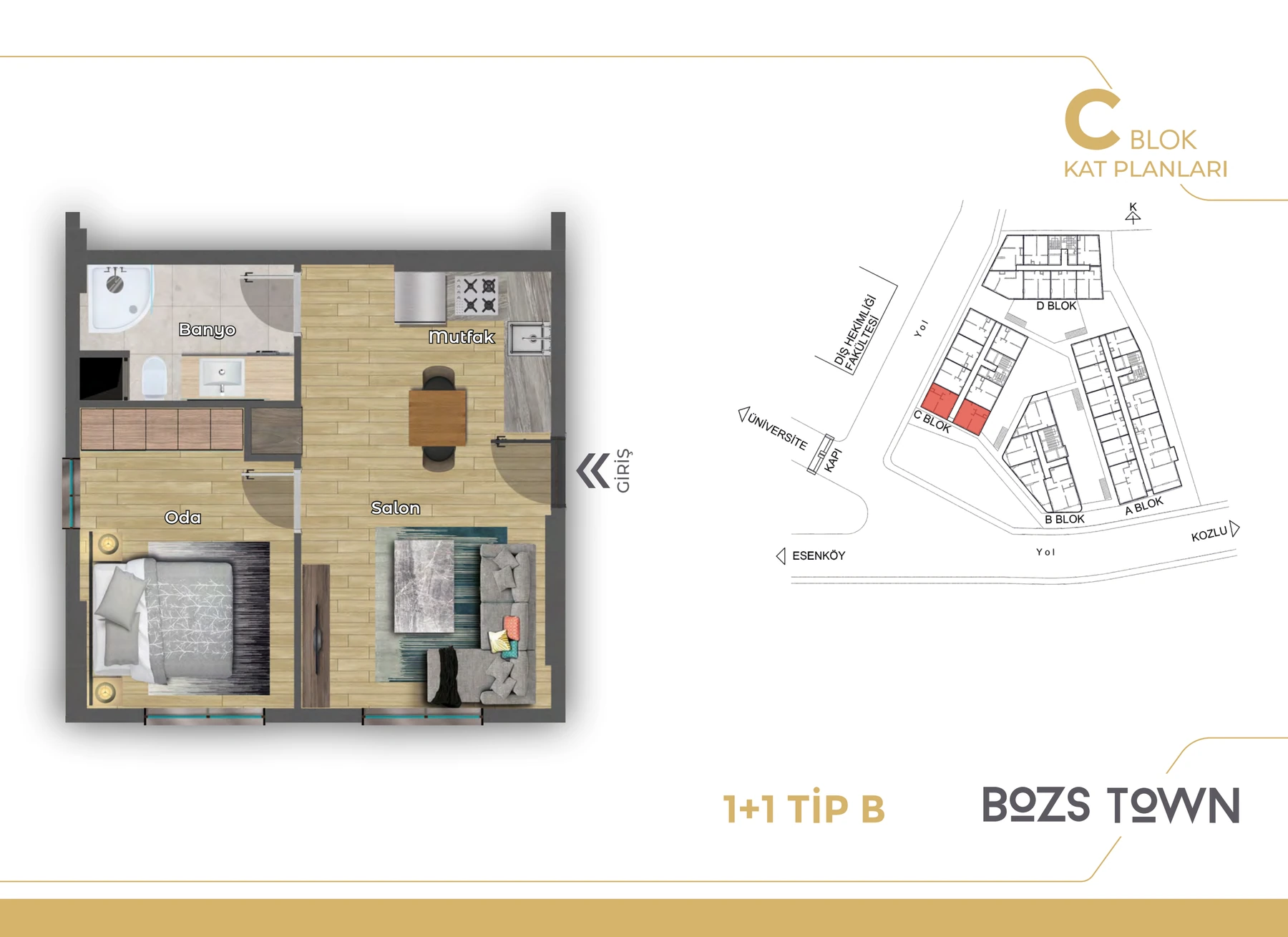C Blok · 1+1 Tip B daire planı