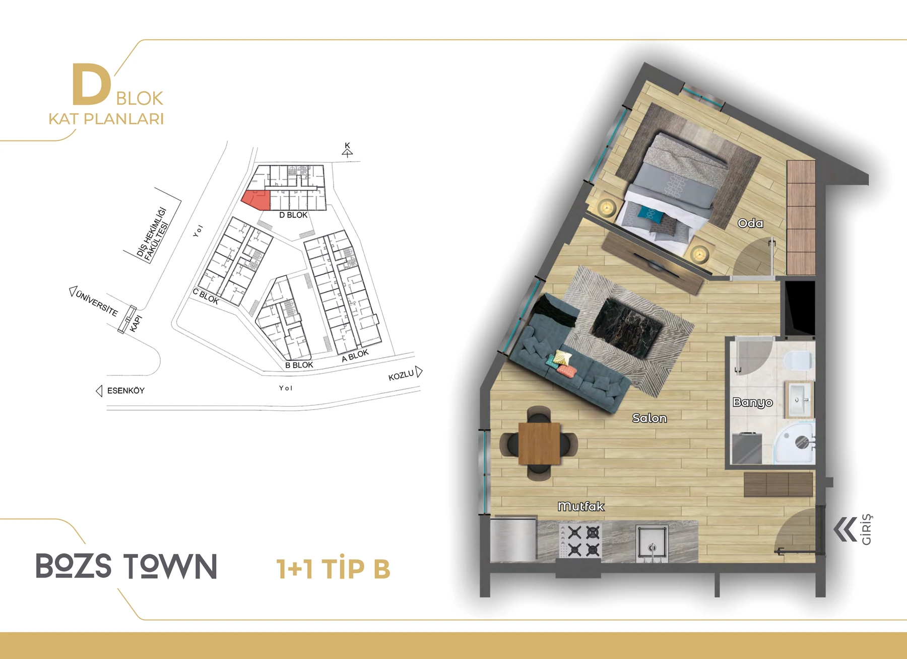 D Blok · 1+1 Tip B daire planı