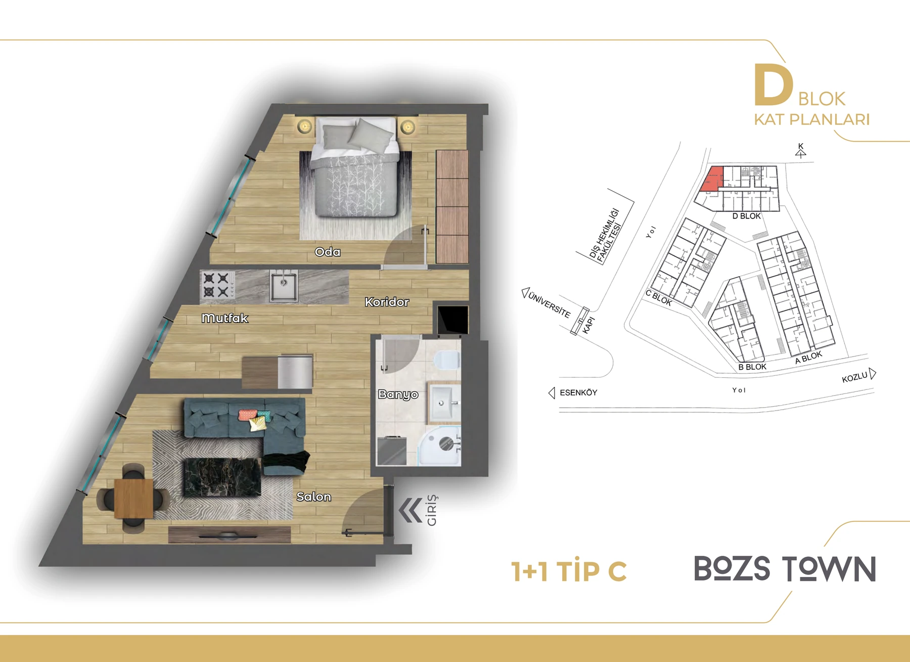 D Blok · 1+1 Tip C daire planı